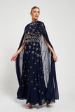 Zarna Embellished Maxi Dress with Cape Sleeves - Navy