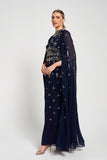 Zarna Embellished Maxi Dress with Cape Sleeves - Navy