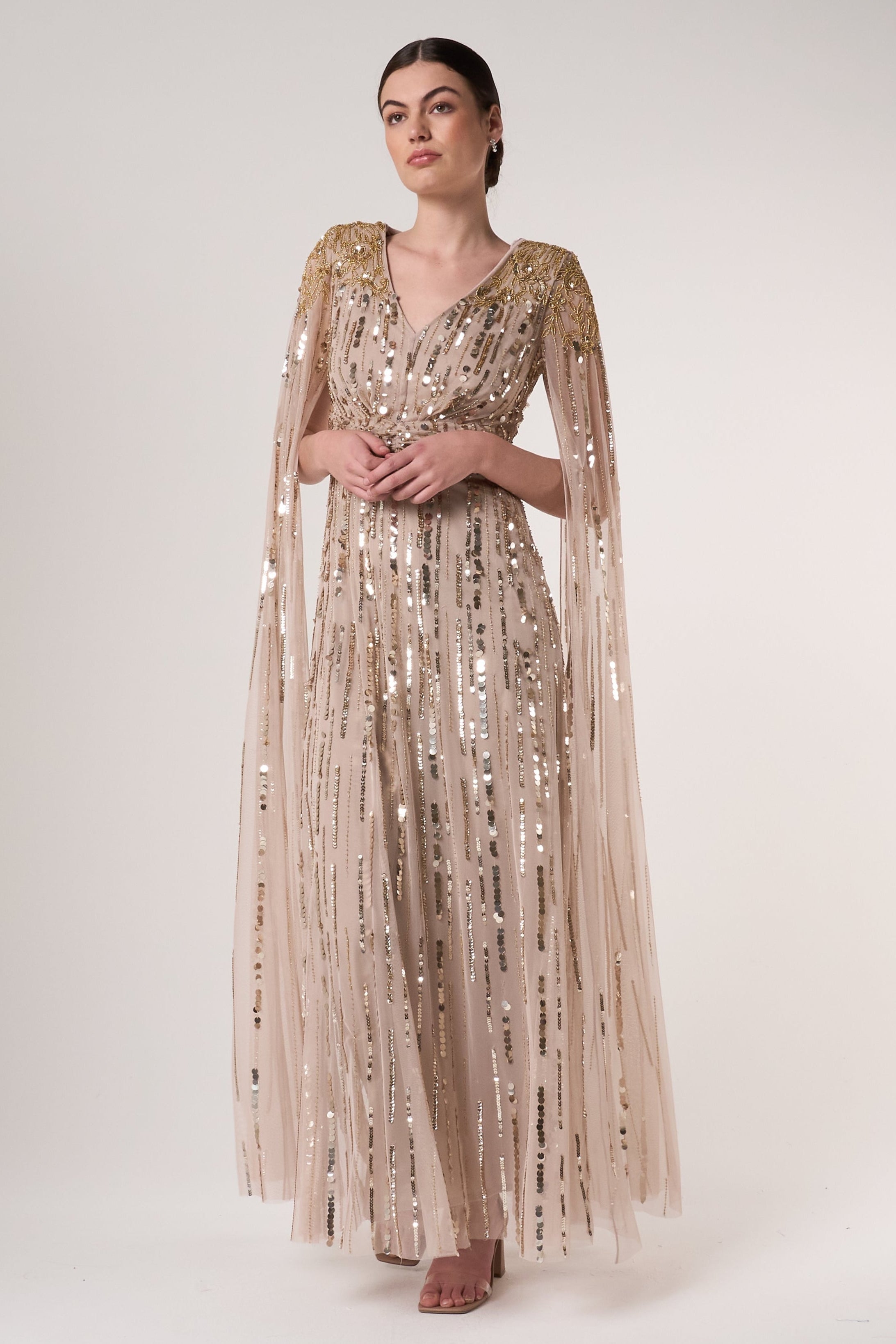 Zillah Nude Gold Embellished Cape Sleeve Maxi Dress