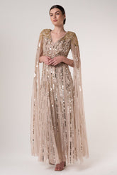 Zillah Nude Gold Embellished Cape Sleeve Maxi Dress