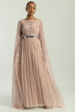 Morgan Gold Sequin Cape Sleeve Maxi Dress