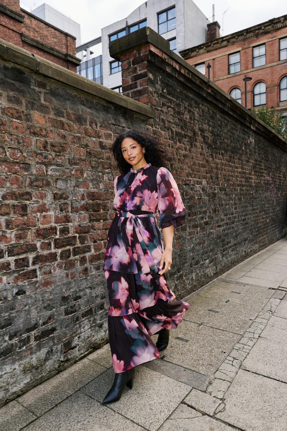 Reya Black Floral Print Tiered Maxi Dress