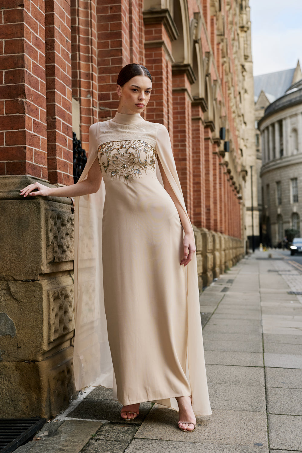 Paloma nude embellished maxi dress by Frock and Frill with sheer mesh cape and high neckline