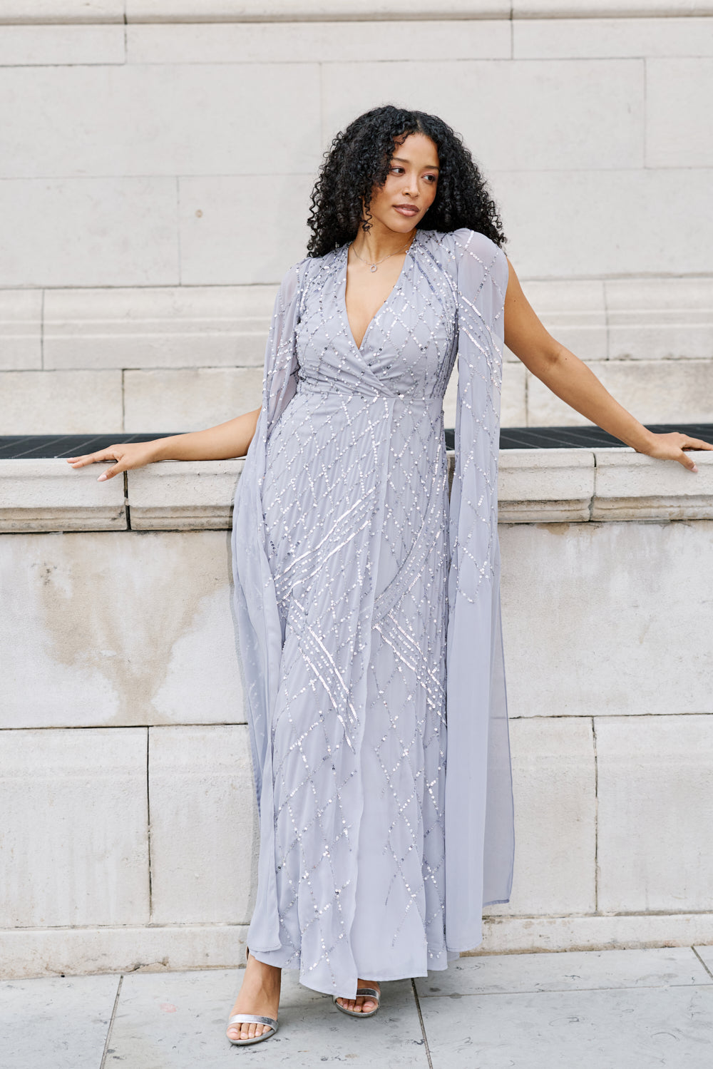 Simone embellished cape maxi dress in soft grey