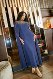 Zadie Navy Embellished Cape Maxi Dress with gold embellished neckline and flowing sheer cape