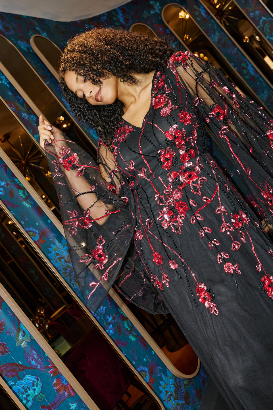 Zola Black Floral Embellished Cape Maxi Dress