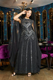 Verna black embellished cape sleeve maxi dress for evening and formal occasions