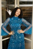 Adelia blue embellished maxi dress with vintage-inspired beadwork, high neckline and long sleeves designed for elegant modest occasion wear styling