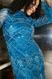 Adelia blue embellished maxi dress with vintage-inspired beadwork, high neckline and long sleeves designed for elegant modest occasion wear styling