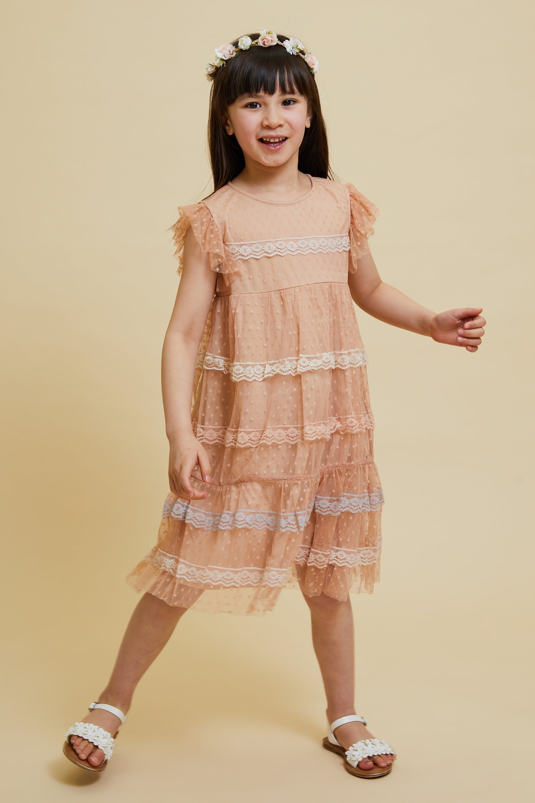 Corabelle pink ruffled lace dress with pastel lace trim and polka dot mesh overlay designed for children’s occasion wear and special events 