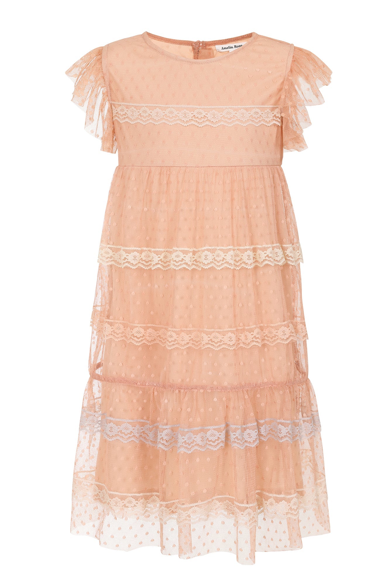 Corabelle pink ruffled lace dress with pastel lace trim and polka dot mesh overlay designed for children’s occasion wear and special events 