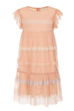 Corabelle pink ruffled lace dress with pastel lace trim and polka dot mesh overlay designed for children’s occasion wear and special events 