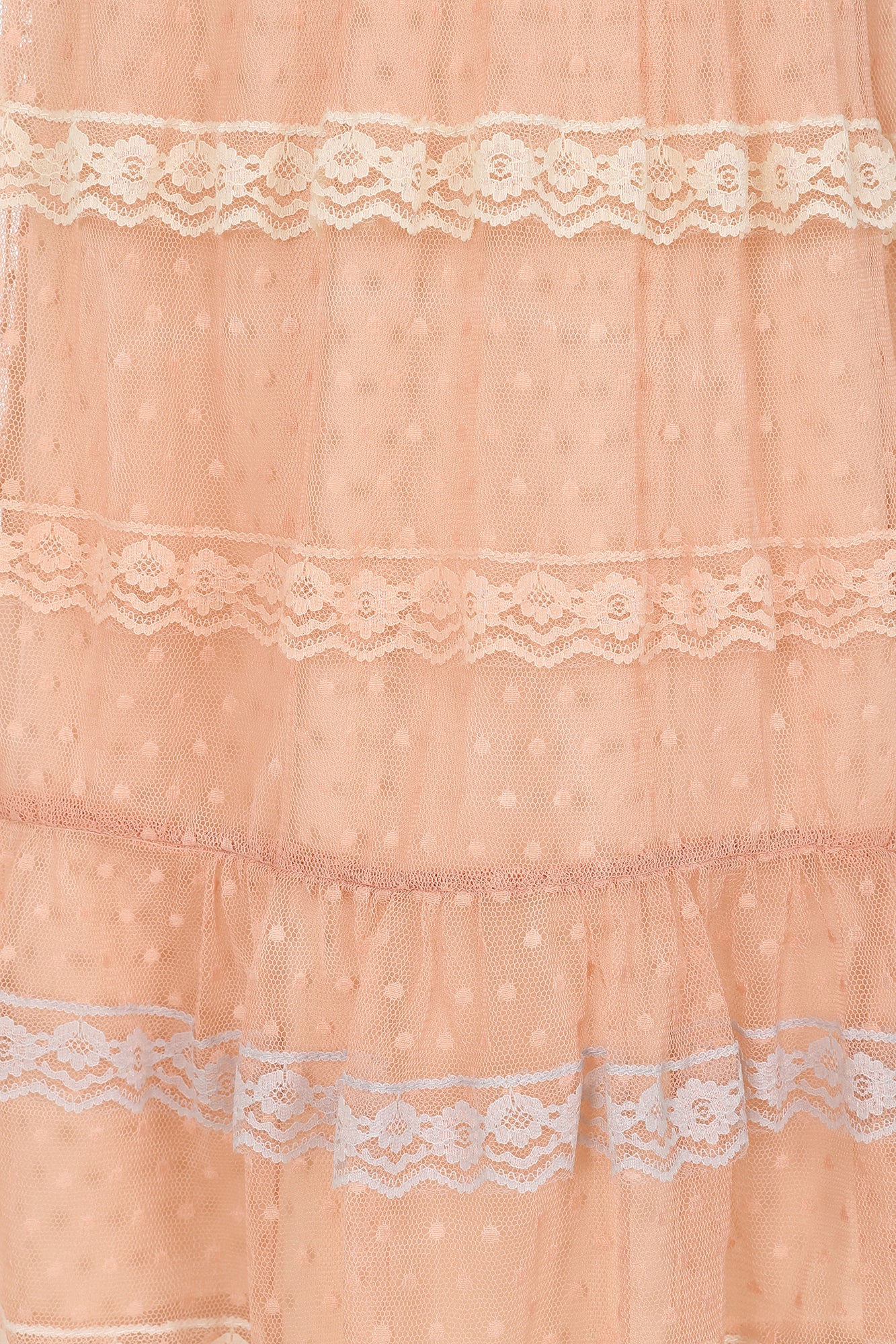 Corabelle pink ruffled lace dress with pastel lace trim and polka dot mesh overlay designed for children’s occasion wear and special events 