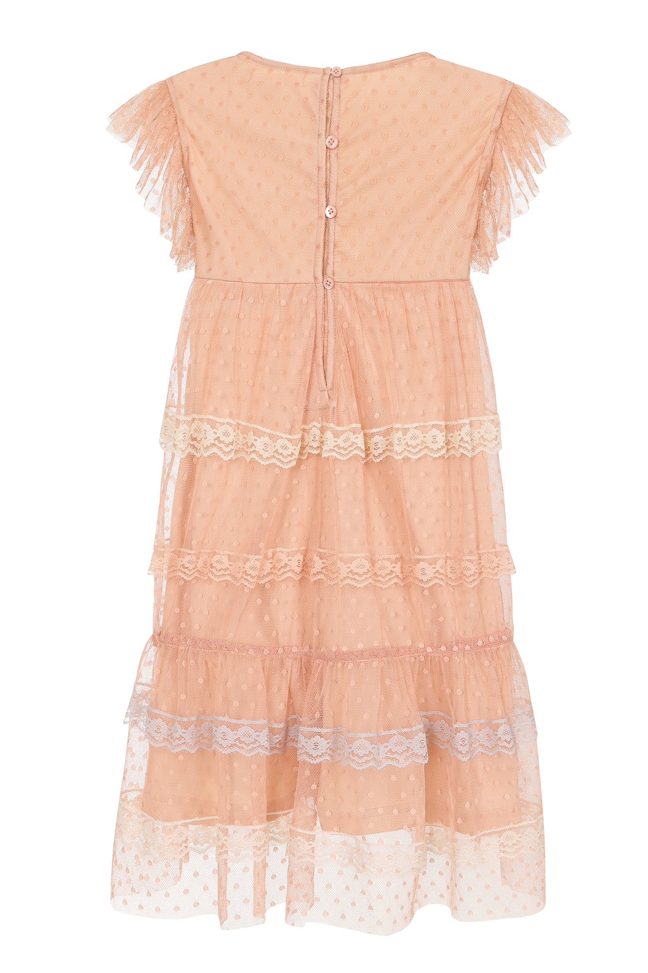 Corabelle pink ruffled lace dress with pastel lace trim and polka dot mesh overlay designed for children’s occasion wear and special events 