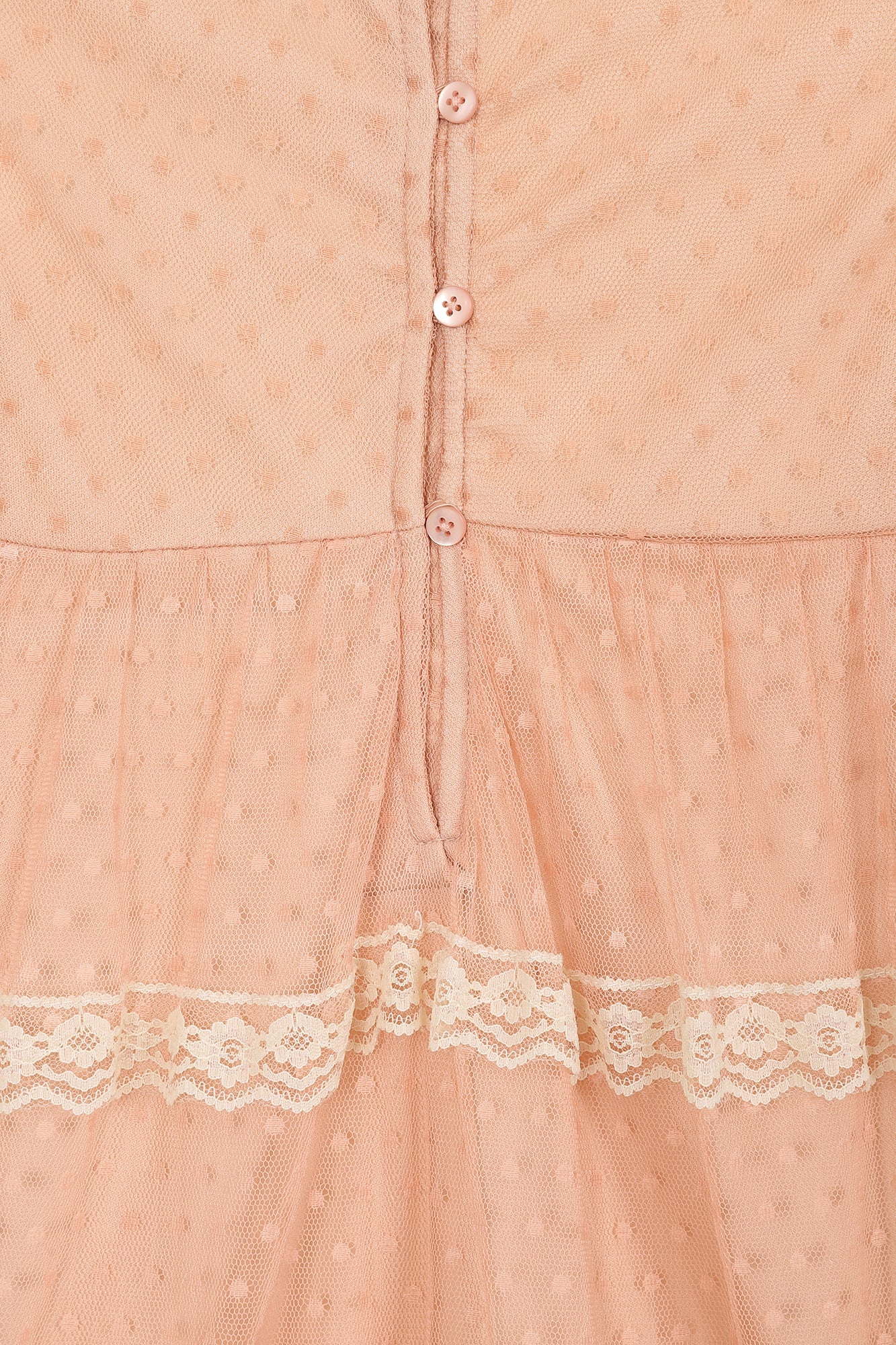Corabelle pink ruffled lace dress with pastel lace trim and polka dot mesh overlay designed for children’s occasion wear and special events 