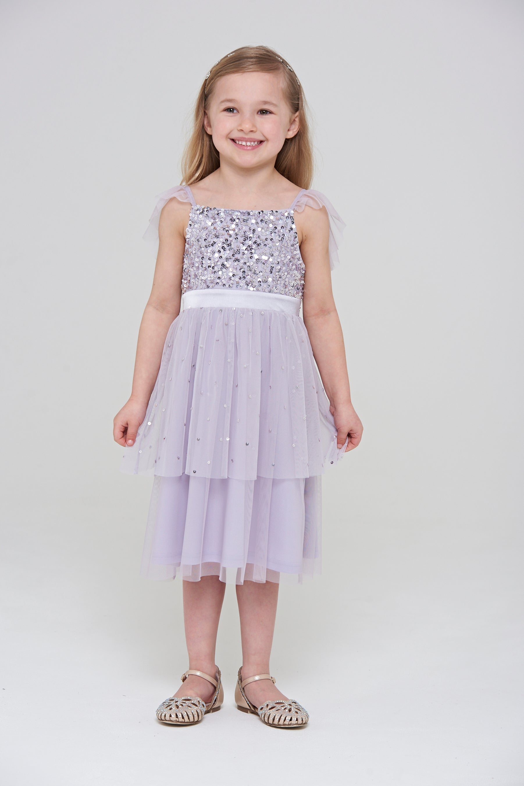 Honey Light Purple Sequin Ruffle Dress with Satin Bow