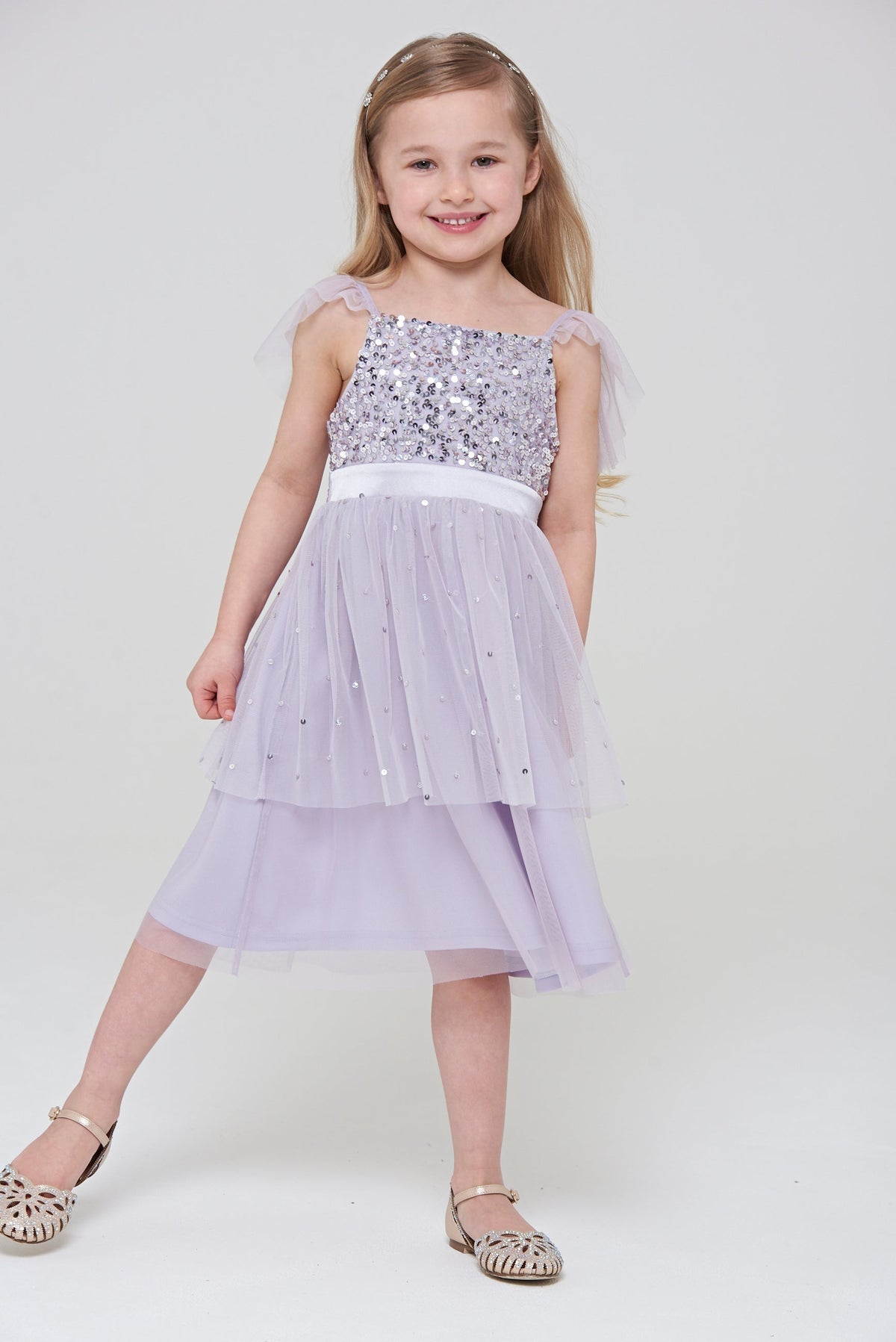 Honey Light Purple Sequin Ruffle Dress with Satin Bow