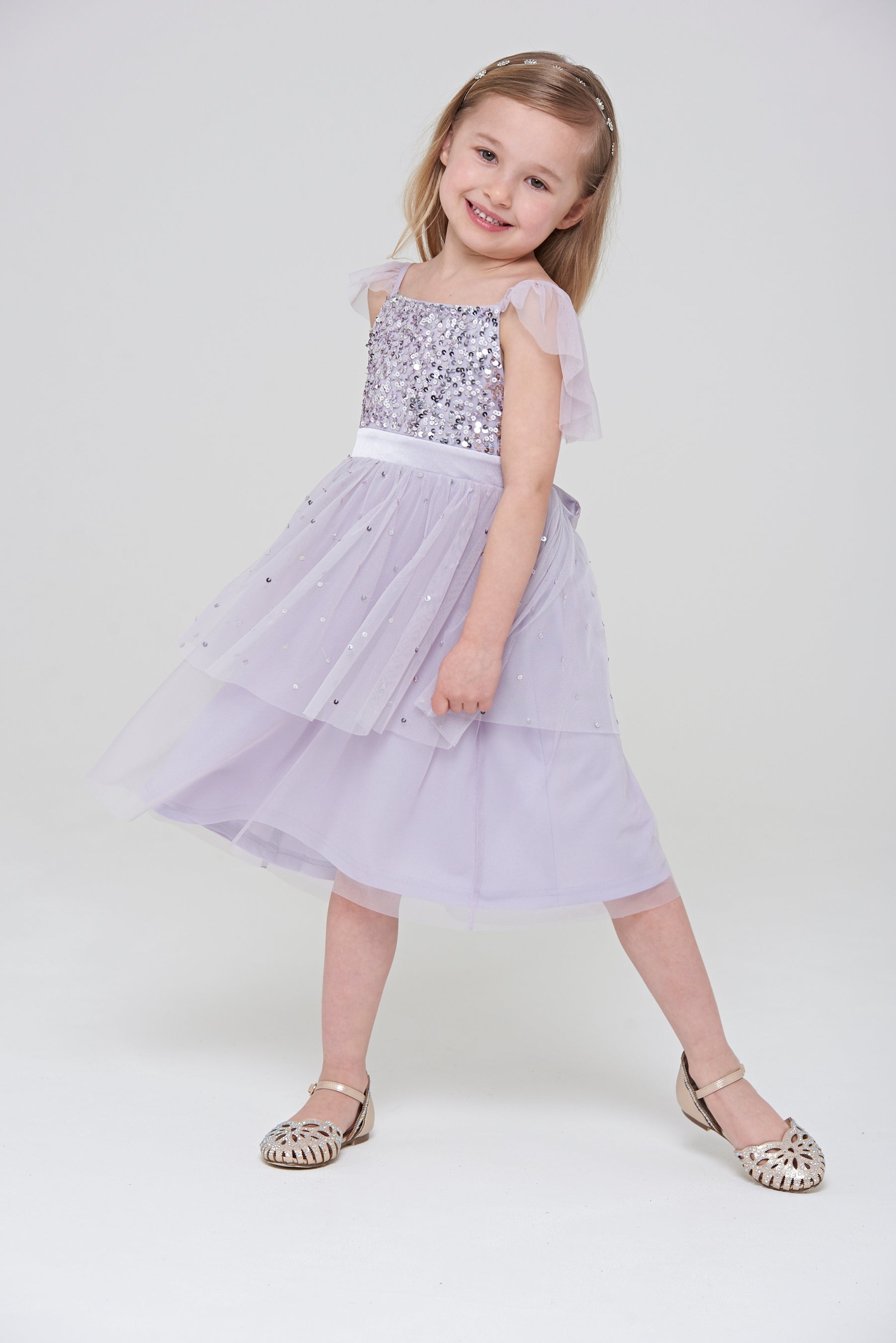 Honey Light Purple Sequin Ruffle Dress with Satin Bow