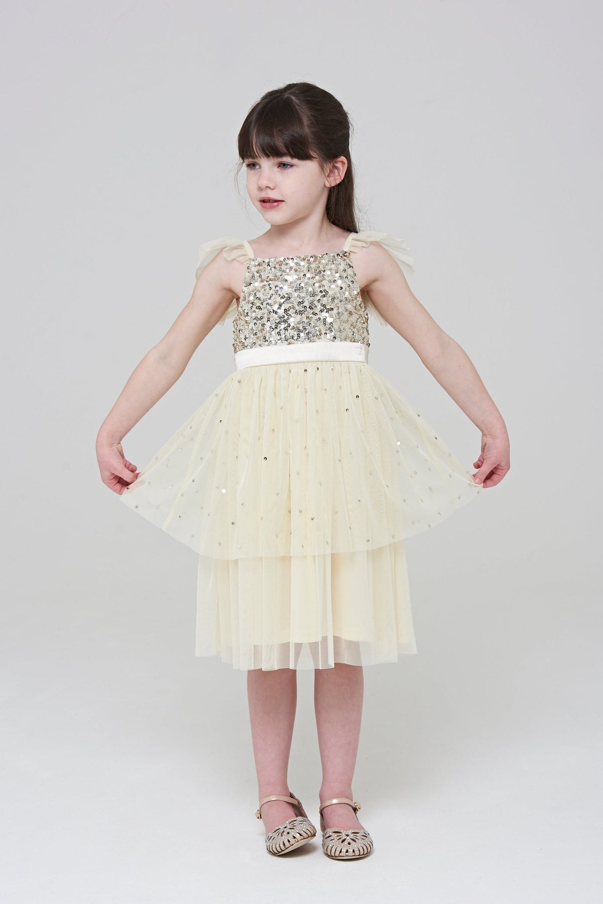 Honey Light Yellow Sequin Ruffle Dress with Satin Bow