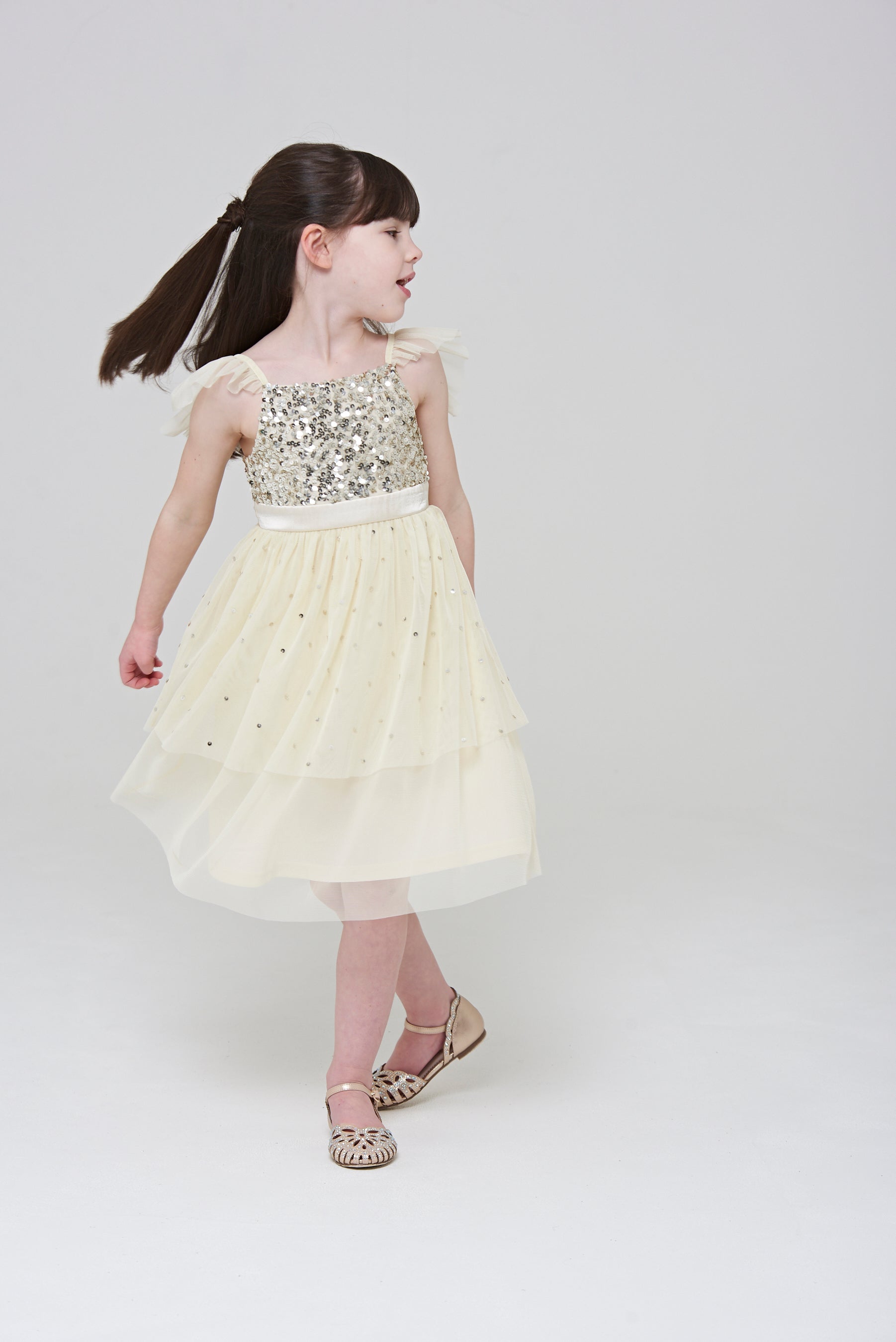 Honey Light Yellow Sequin Ruffle Dress with Satin Bow