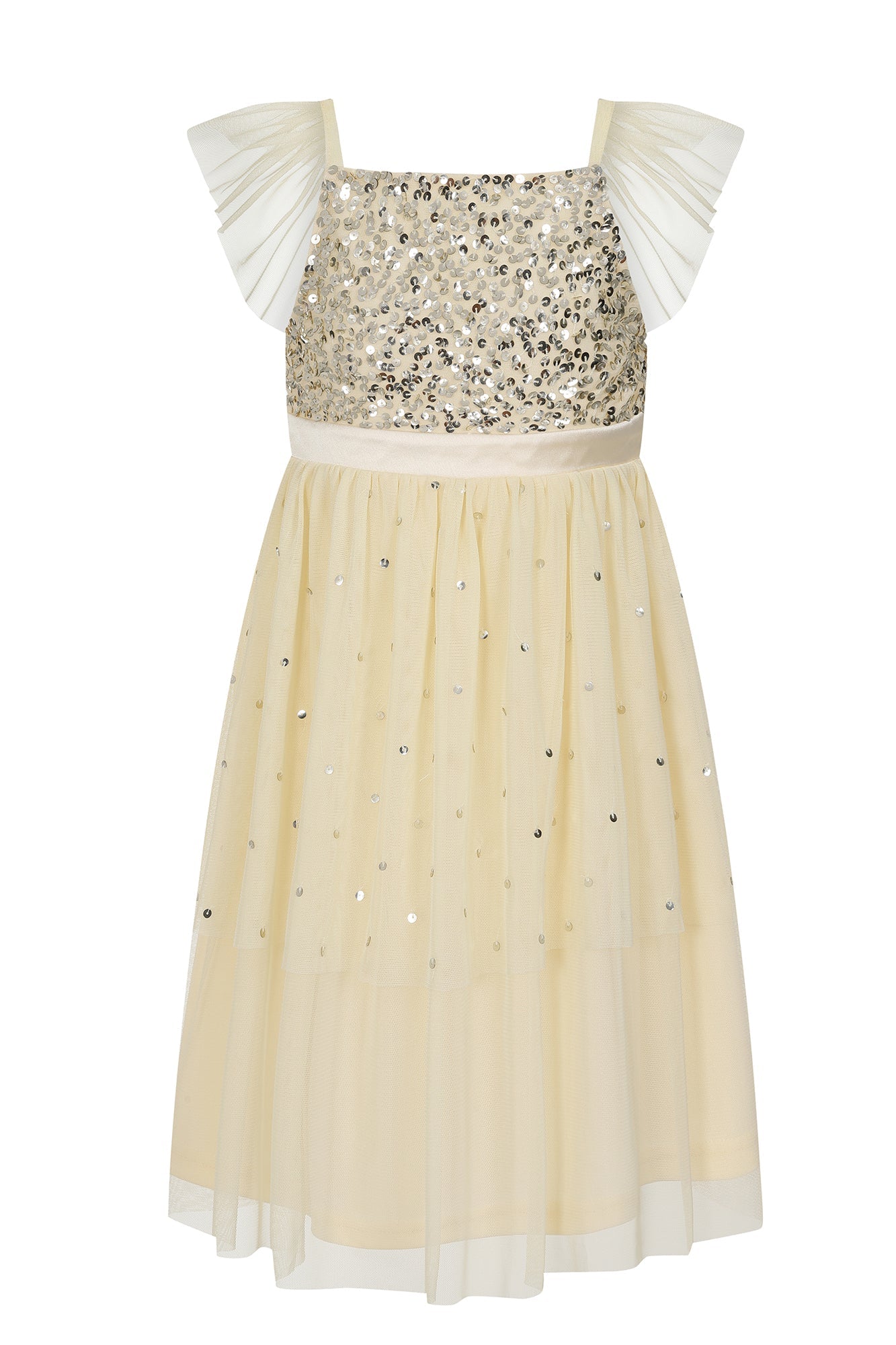 Honey Light Yellow Sequin Ruffle Dress with Satin Bow