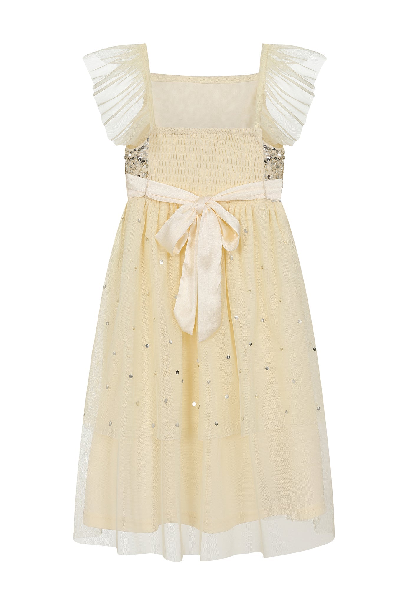 Honey Light Yellow Sequin Ruffle Dress with Satin Bow