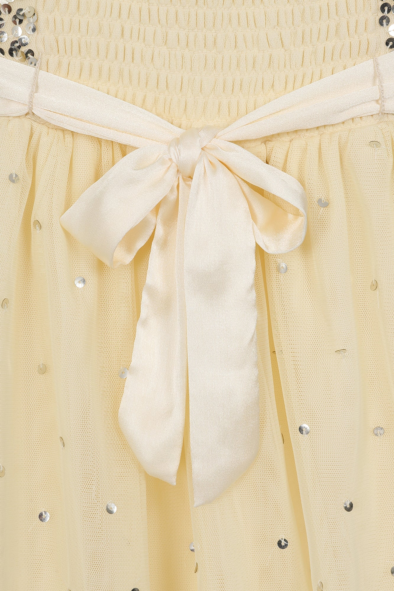 Honey Light Yellow Sequin Ruffle Dress with Satin Bow