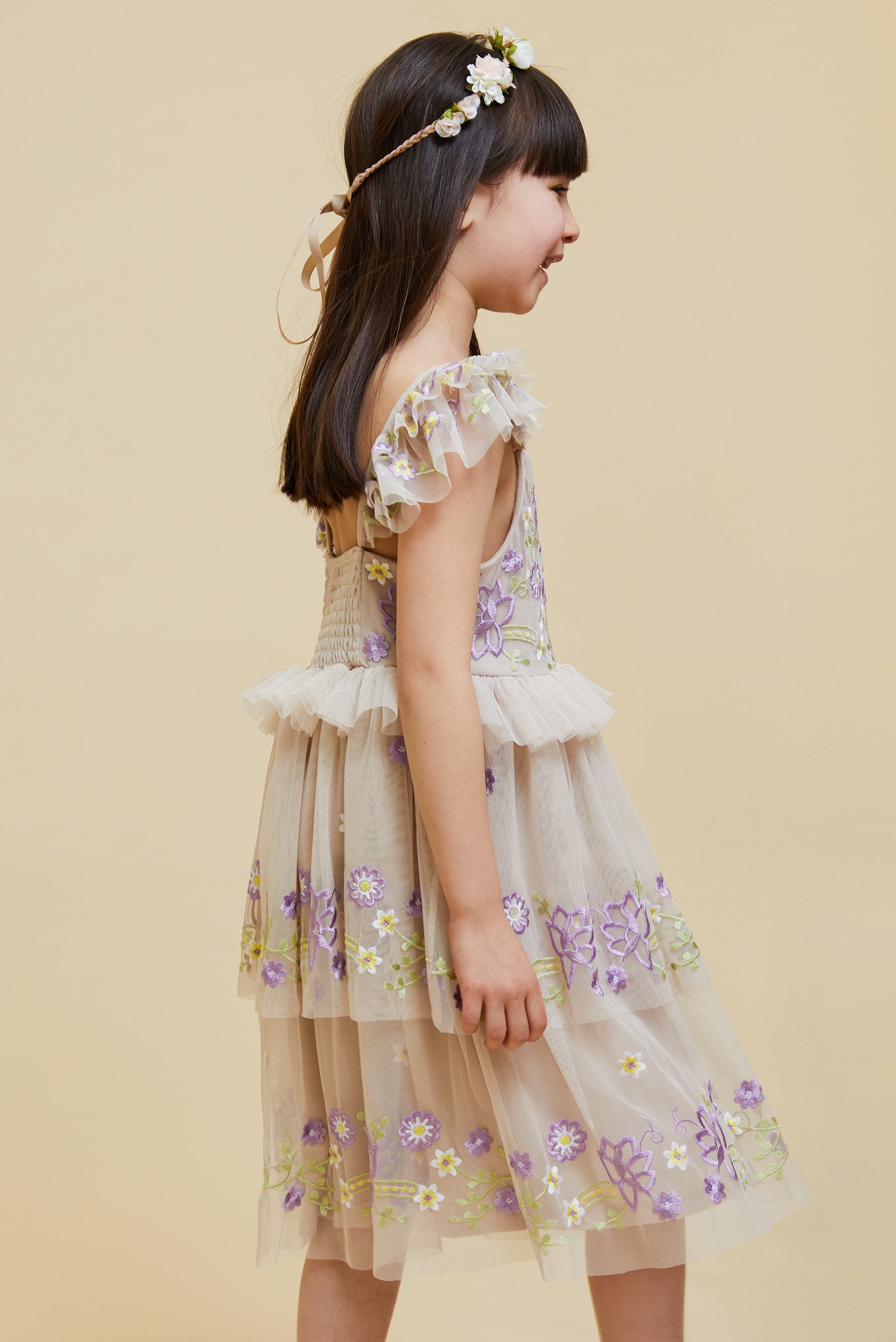 Myla Crystal Grey Floral Embroidered Dress with Tiered Skirt