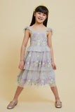 Myla Vapour Blue Floral Embroidered Dress with Tiered Skirt