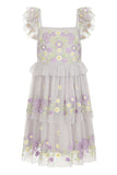 Myla Vapour Blue Floral Embroidered Dress with Tiered Skirt