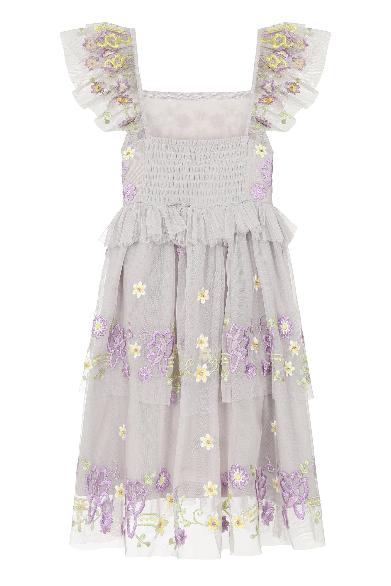 Myla Vapour Blue Floral Embroidered Dress with Tiered Skirt