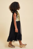 Stella black and gold sequin dress with reversible sequin bodice and ruffle detailing designed for party wear and special occasion styling