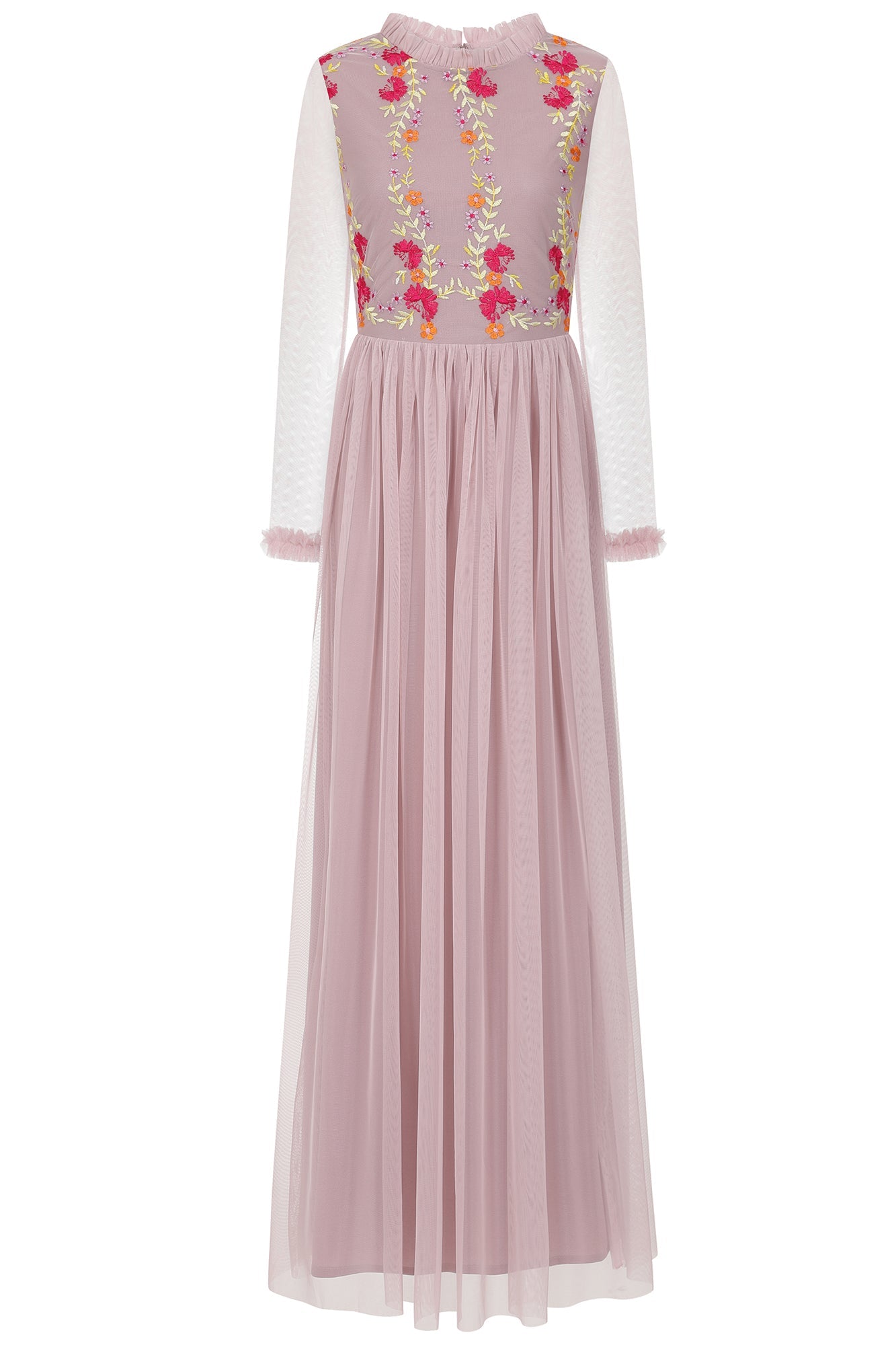 Abelia blush floral embroidered maxi dress by Frock and Frill with long sleeves and flowing silhouette designed for romantic wedding guest and occasion wear styling