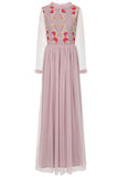 Abelia blush floral embroidered maxi dress by Frock and Frill with long sleeves and flowing silhouette designed for romantic wedding guest and occasion wear styling