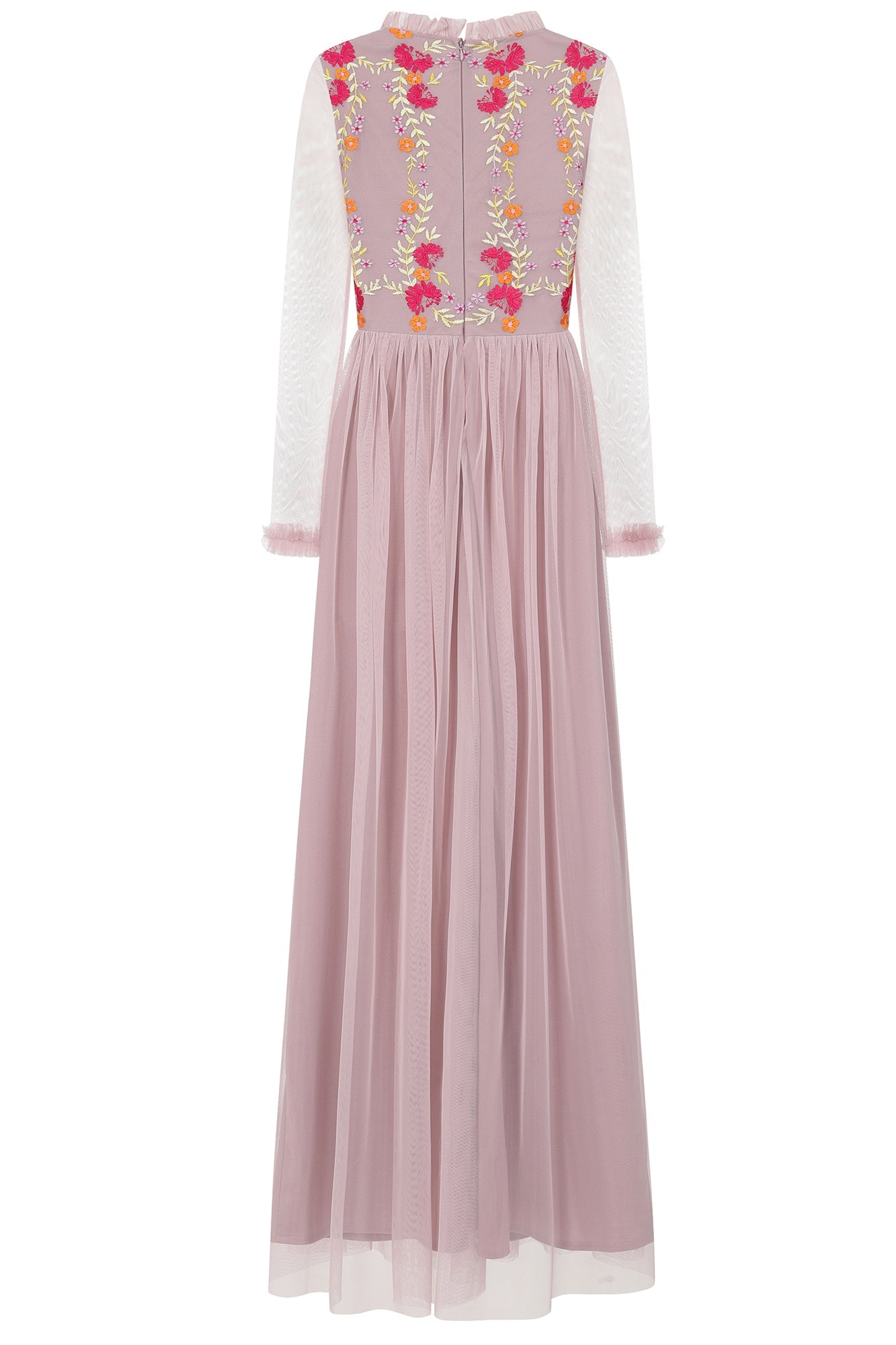 Abelia blush floral embroidered maxi dress by Frock and Frill with long sleeves and flowing silhouette designed for romantic wedding guest and occasion wear styling