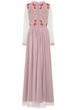 Abelia blush floral embroidered maxi dress by Frock and Frill with long sleeves and flowing silhouette designed for romantic wedding guest and occasion wear styling