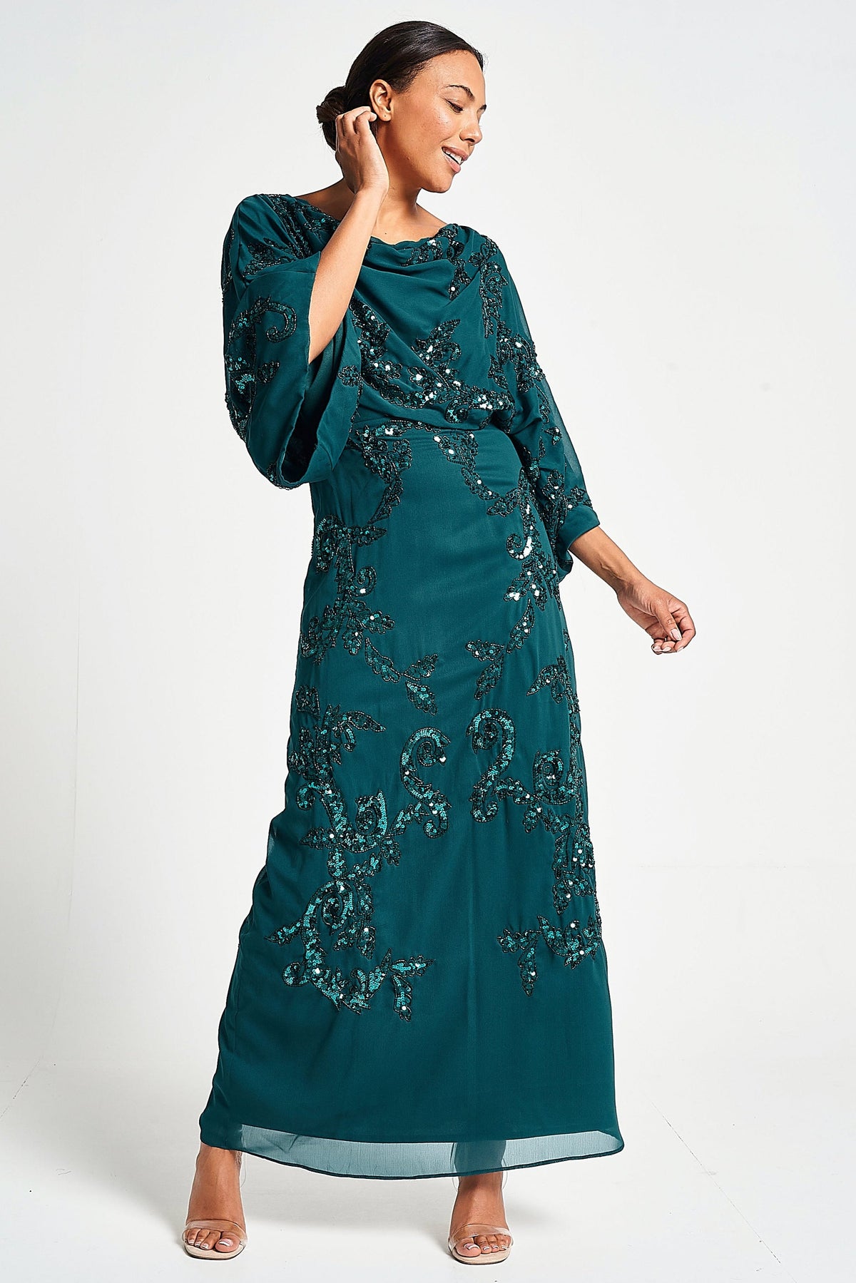 Adela Storm Green Embellished Maxi Dress
