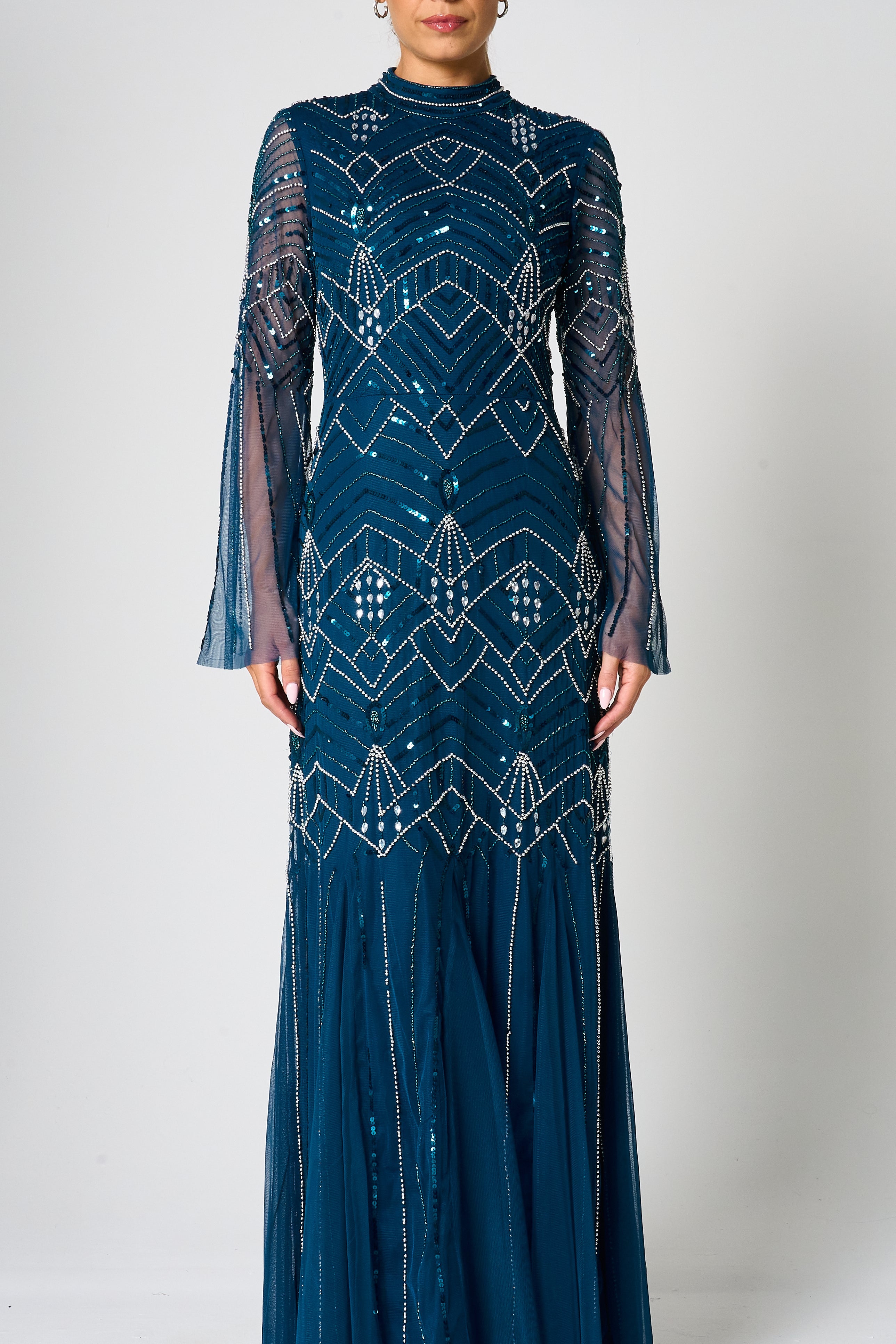 Adelia blue embellished maxi dress with vintage-inspired beadwork, high neckline and long sleeves designed for elegant modest occasion wear styling