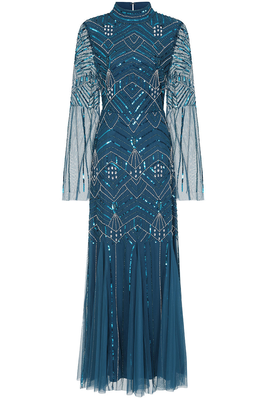 Adelia blue embellished maxi dress with vintage-inspired beadwork, high neckline and long sleeves designed for elegant modest occasion wear styling