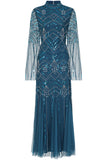 Adelia blue embellished maxi dress with vintage-inspired beadwork, high neckline and long sleeves designed for elegant modest occasion wear styling