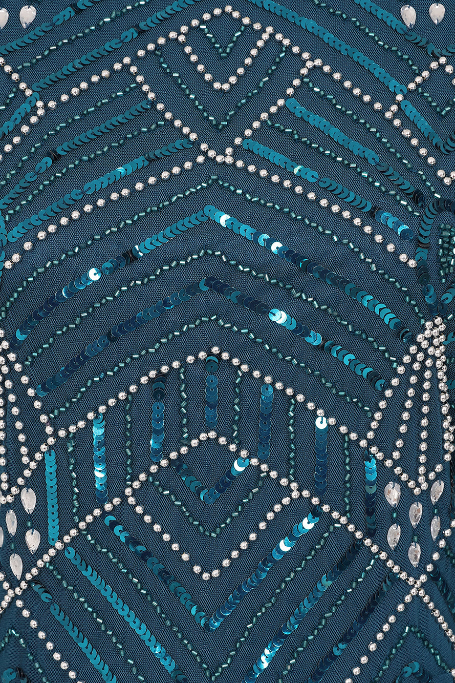 Adelia blue embellished maxi dress with vintage-inspired beadwork, high neckline and long sleeves designed for elegant modest occasion wear styling