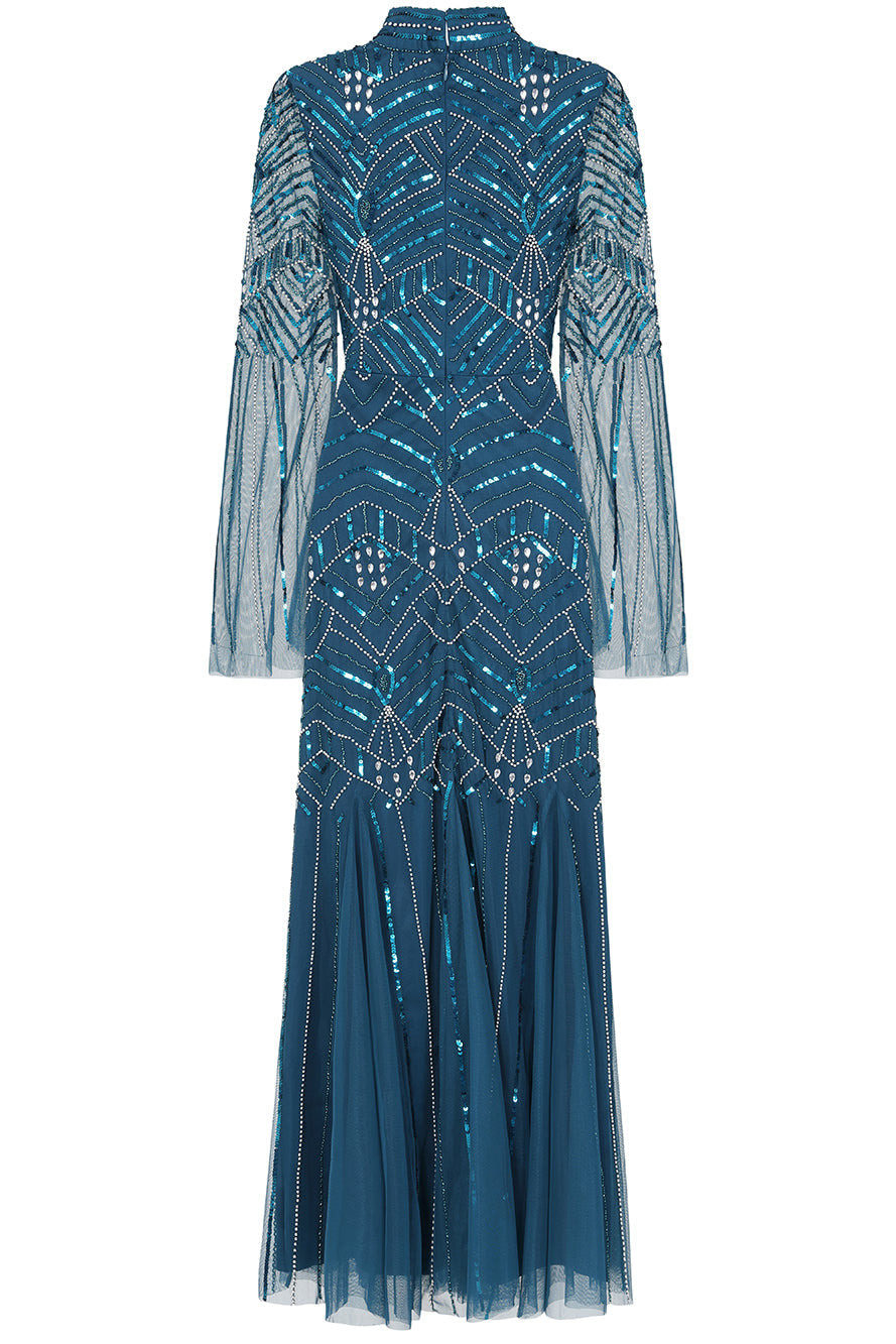 Adelia blue embellished maxi dress with vintage-inspired beadwork, high neckline and long sleeves designed for elegant modest occasion wear styling