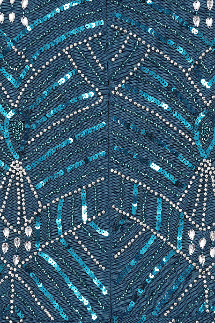 Adelia blue embellished maxi dress with vintage-inspired beadwork, high neckline and long sleeves designed for elegant modest occasion wear styling
