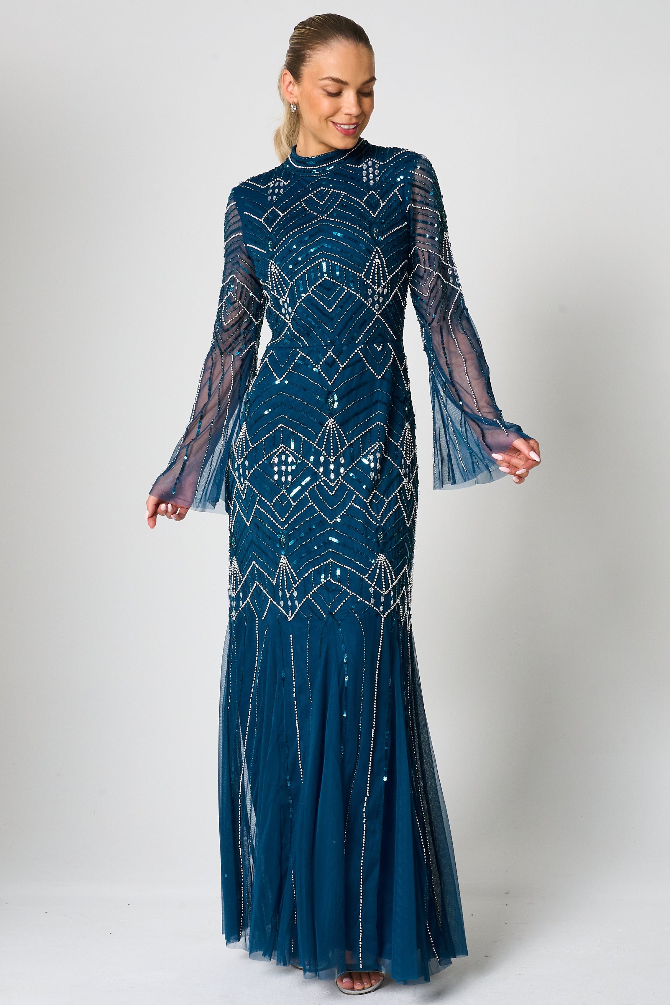 Adelia blue embellished maxi dress with vintage-inspired beadwork, high neckline and long sleeves designed for elegant modest occasion wear styling