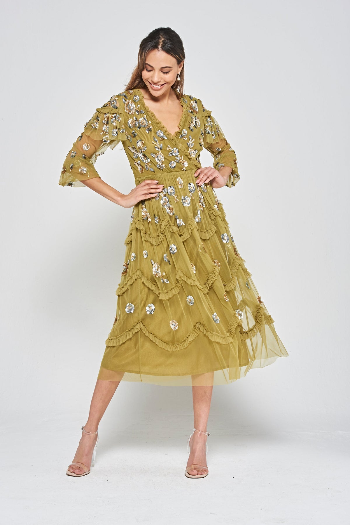 Adira Floral Sequin Ruffled Midi Dress - Willow Green