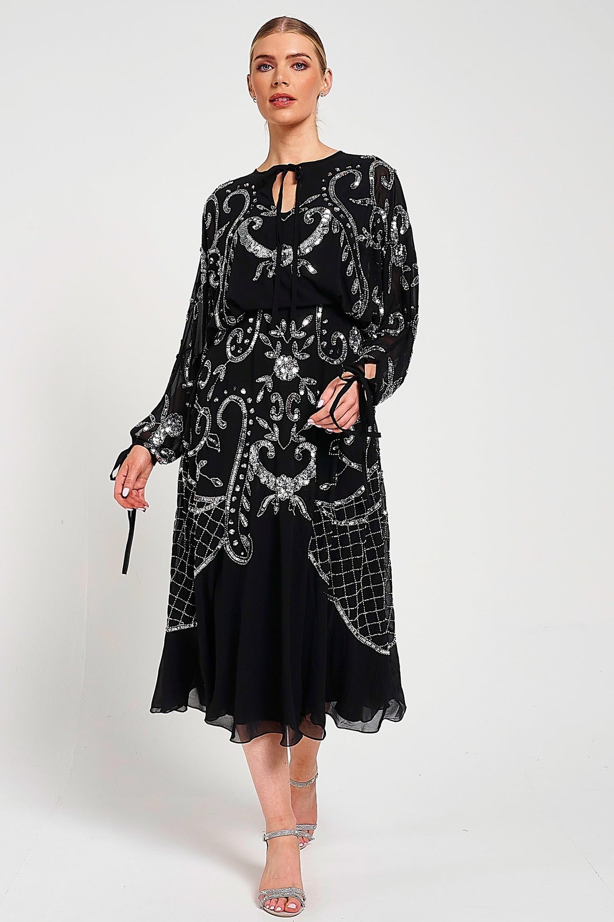 Adrienne Black Embellished Midi Dress