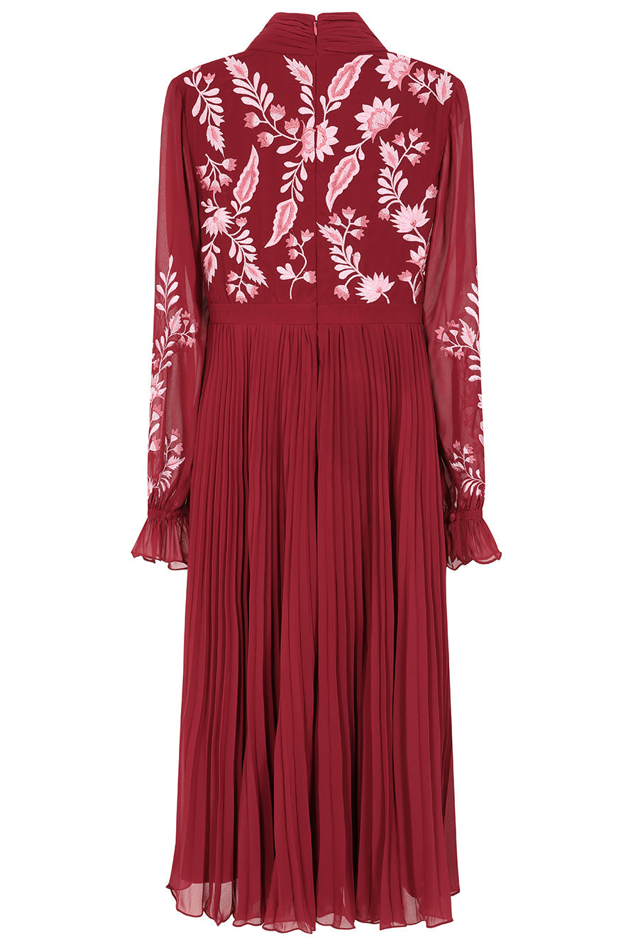 Agatha Burgundy Floral Embroidered Midi Dress