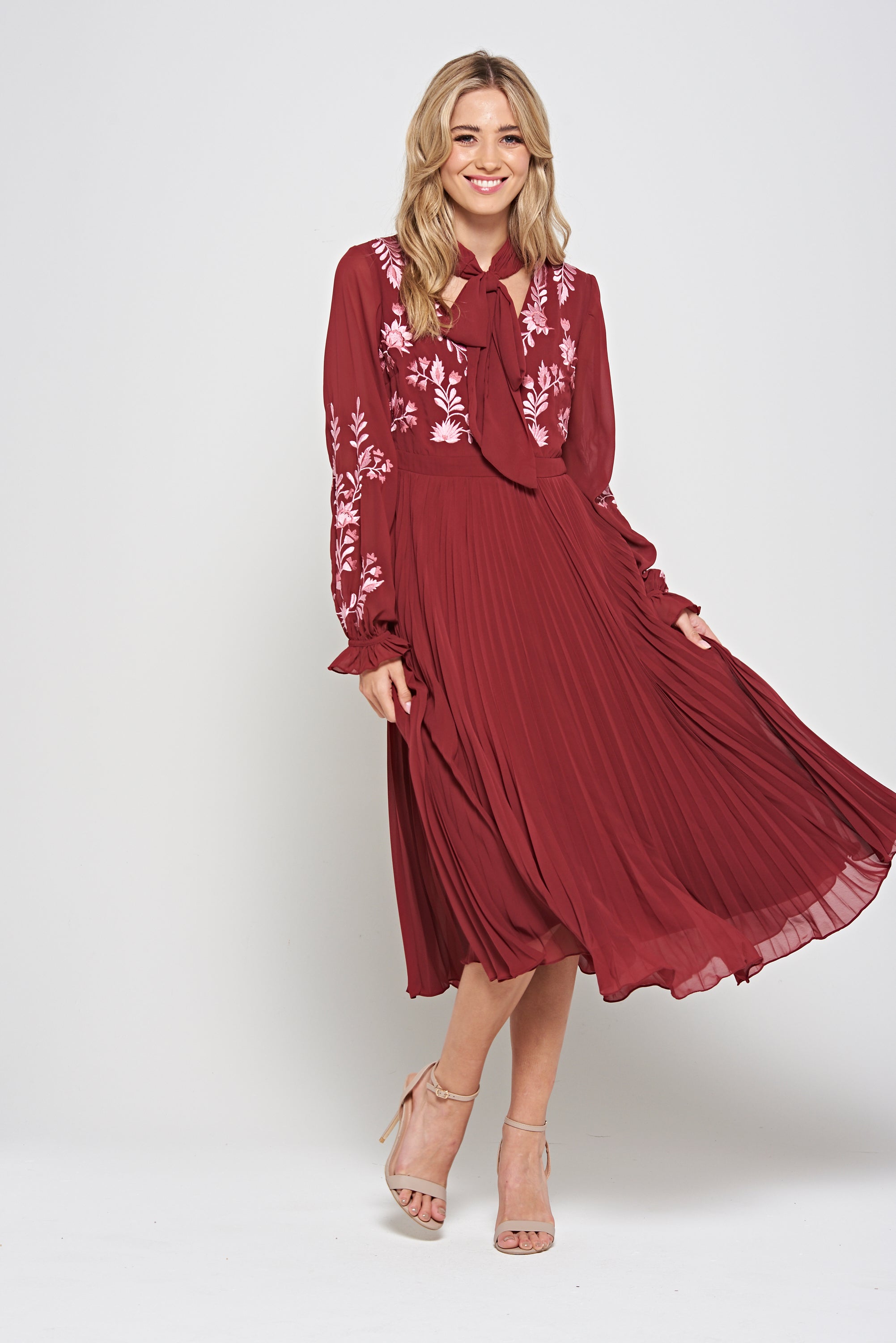 Agatha Burgundy Floral Embroidered Midi Dress