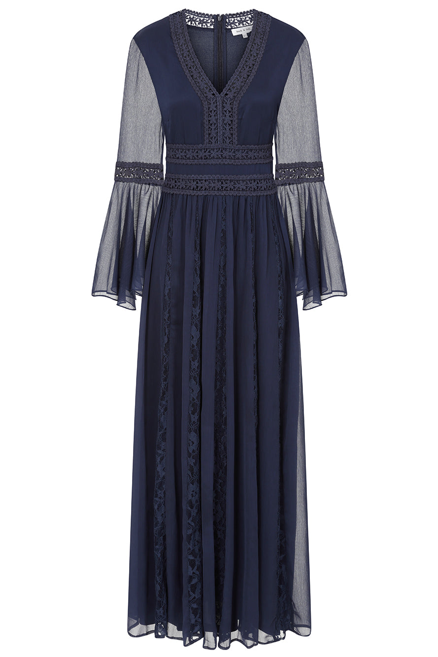 Frock & Frill Aiden navy chiffon maxi dress with sheer long sleeves, lace detailing, and a flowing elegant silhouette—perfect for weddings, evening events, and formal occasions.