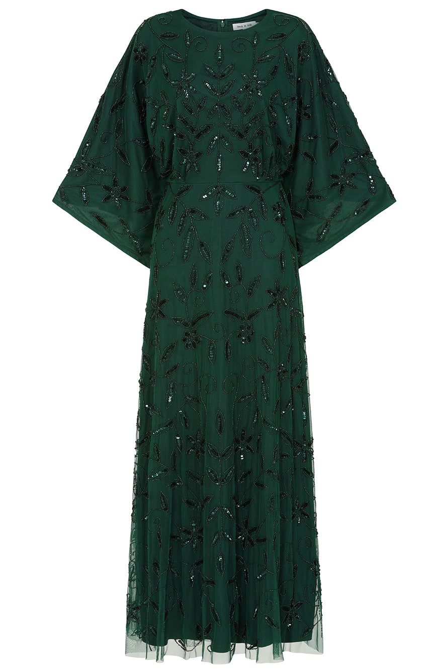 Aiya Rainforest Green Embellished Maxi Dress with Batwing Sleeves